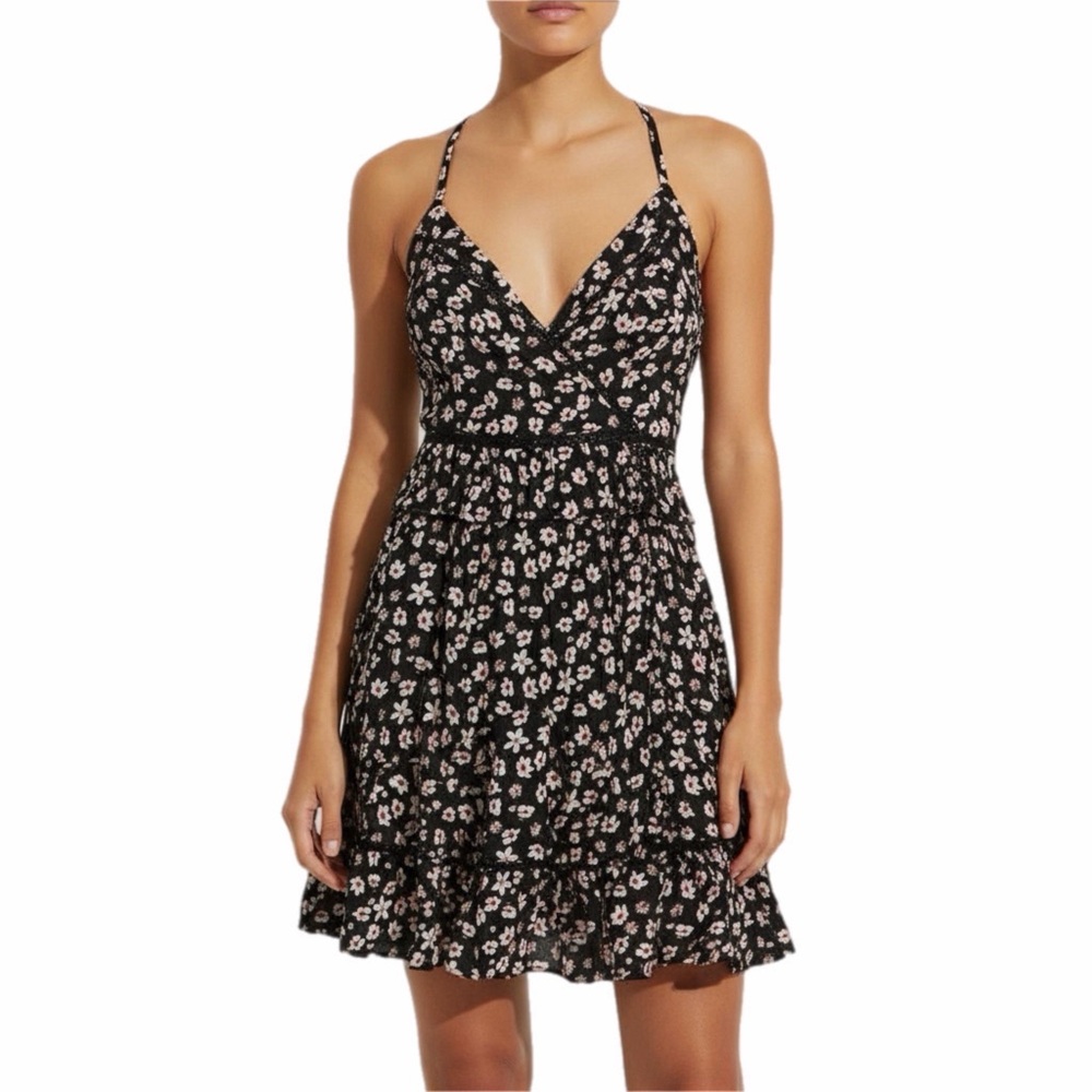 ASOS Dress Womens 2 Black Floral Fit Flare Mini Lace Coquette Cottage Picnic